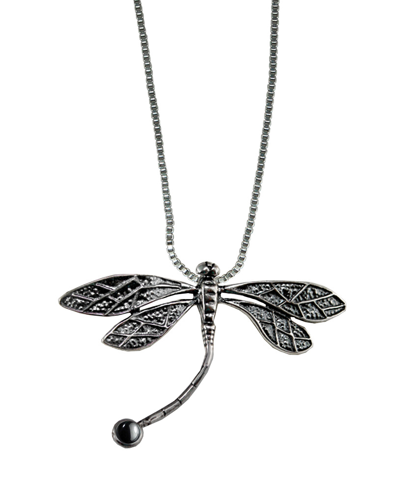 Sterling Silver Graceful Dragonfly Pendant With Hematite
